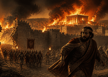 La destrucción de Jerusalén: el rey Sedecías huye aterrorizado mientras el ejército babilónico penetra por las murallas de Jerusalén y el Templo arde al fondo