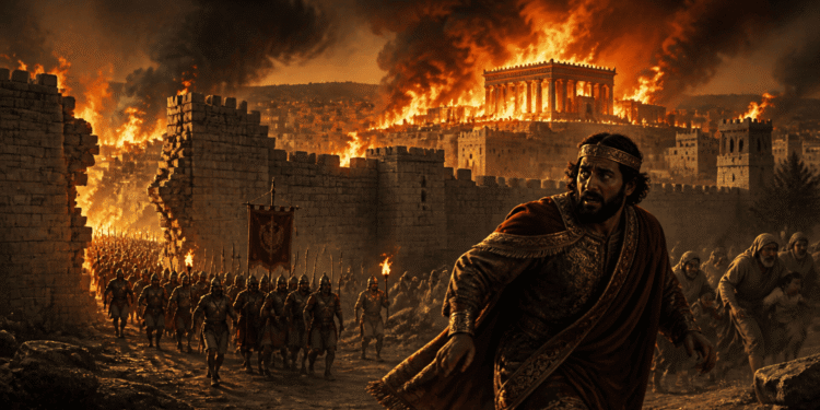 La destrucción de Jerusalén: el rey Sedecías huye aterrorizado mientras el ejército babilónico penetra por las murallas de Jerusalén y el Templo arde al fondo