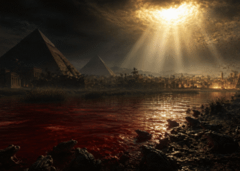 Las plagas de Egipto: el Nilo convertido en sangre y las ranas emergiendo a la orilla, con las pirámides de Egipto al fondo bajo un cielo oscuro y una luz sobrenatural