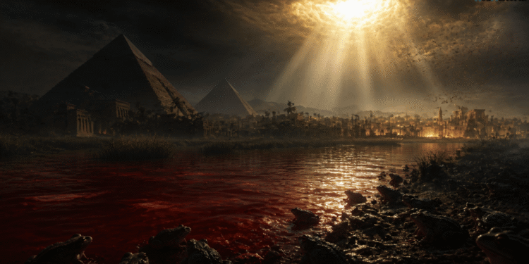 Las plagas de Egipto: el Nilo convertido en sangre y las ranas emergiendo a la orilla, con las pirámides de Egipto al fondo bajo un cielo oscuro y una luz sobrenatural