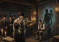 Rabino realizando el exorcismo de un dybbuk con shofar y texto cabalístico, ante un joven poseído, mientras las sombras del alma errante se proyectan en la pared de una casa de estudio judía