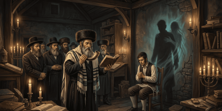 Rabino realizando el exorcismo de un dybbuk con shofar y texto cabalístico, ante un joven poseído, mientras las sombras del alma errante se proyectan en la pared de una casa de estudio judía