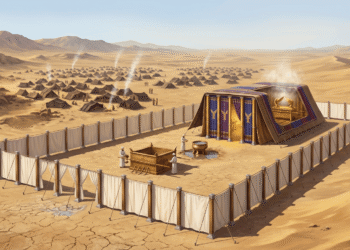 Vista aérea del Tabernáculo hebreo en el desierto: atrio con altar y pila de bronce, tienda interior con velos de púrpura y el Arca de la Alianza visible en el Lugar Santísimo