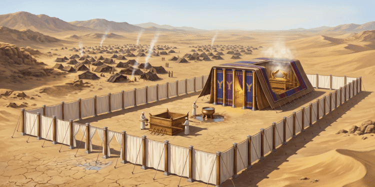 Vista aérea del Tabernáculo hebreo en el desierto: atrio con altar y pila de bronce, tienda interior con velos de púrpura y el Arca de la Alianza visible en el Lugar Santísimo