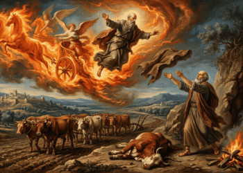 Eliseo contempla con los brazos alzados la ascensión de Elías en el carro de fuego, mientras a sus pies el buey sacrificado y los yugos ardiendo sellan su vocación profética