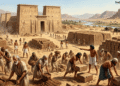 La esclavitud en Egipto. Trabajadores hebreos fabricando ladrillos y acarreando materiales bajo la supervisión de un capataz egipcio, con un templo faraónico en construcción al fondo