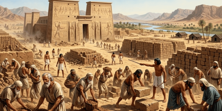La esclavitud en Egipto. Trabajadores hebreos fabricando ladrillos y acarreando materiales bajo la supervisión de un capataz egipcio, con un templo faraónico en construcción al fondo
