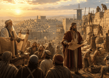 Esdras y Nehemías en una sola imagen. Esdras leyendo la Torá ante el pueblo congregado mientras Nehemías supervisa la reconstrucción de las murallas de Jerusalén al fondo