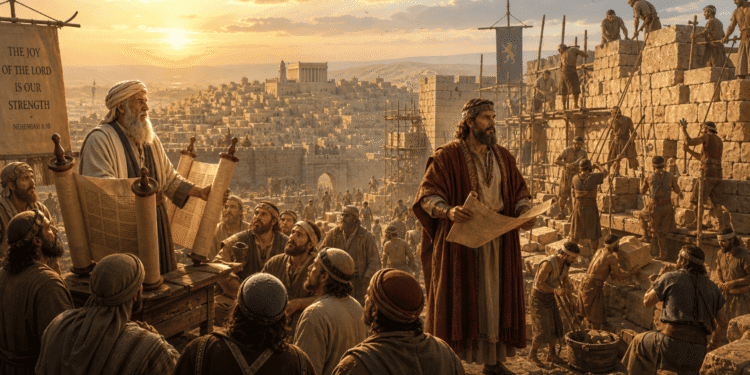 Esdras y Nehemías en una sola imagen. Esdras leyendo la Torá ante el pueblo congregado mientras Nehemías supervisa la reconstrucción de las murallas de Jerusalén al fondo