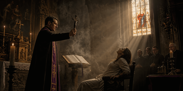 Sacerdote católico realizando un exorcismo en el catolicismo en una iglesia antigua, con crucifijo, libro litúrgico, incienso y luz dramática de vitrales.