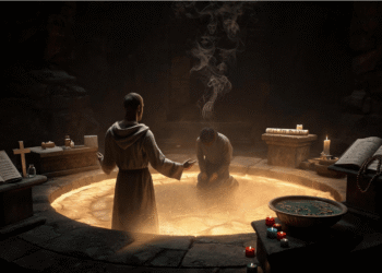 Sacerdote realizando un ritual de exorcismo sobre una persona arrodillada en un círculo de luz, con una entidad demoníaca ascendiendo en el humo, rodeado de textos sagrados de distintas tradiciones religiosas