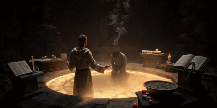 Sacerdote realizando un ritual de exorcismo sobre una persona arrodillada en un círculo de luz, con una entidad demoníaca ascendiendo en el humo, rodeado de textos sagrados de distintas tradiciones religiosas
