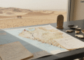 La historicidad del Éxodo: mesa de investigación arqueológica con mapa de la península del Sinaí, notas manuscritas, fragmentos de cerámica y una estela con jeroglíficos, con el desierto al fondo