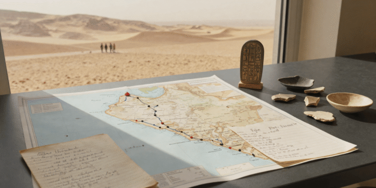 La historicidad del Éxodo: mesa de investigación arqueológica con mapa de la península del Sinaí, notas manuscritas, fragmentos de cerámica y una estela con jeroglíficos, con el desierto al fondo