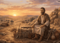 Isaac sentado junto a un pozo en las colinas de Canaán, con herramientas de excavación y el campamento al fondo, evocando su vida de fidelidad en la tierra prometida