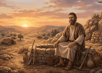 Isaac sentado junto a un pozo en las colinas de Canaán, con herramientas de excavación y el campamento al fondo, evocando su vida de fidelidad en la tierra prometida