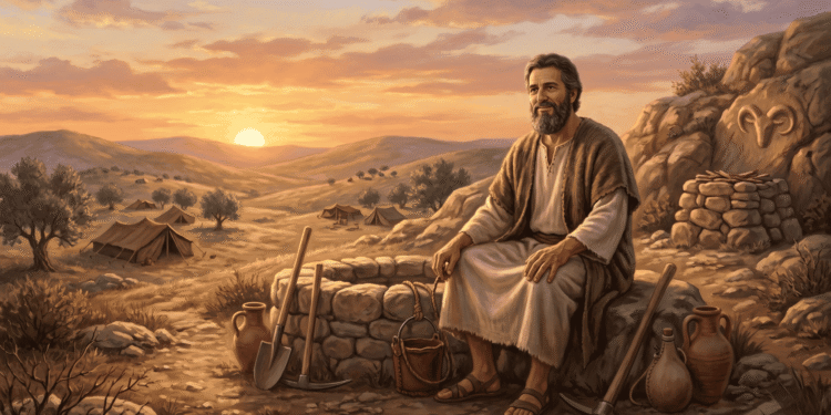 Isaac sentado junto a un pozo en las colinas de Canaán, con herramientas de excavación y el campamento al fondo, evocando su vida de fidelidad en la tierra prometida