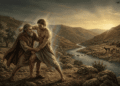 Jacob luchando con el ángel en el vado del Jaboc al amanecer, con el río y el campamento hebreo visibles al fondo