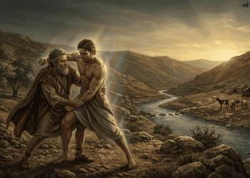 Jacob luchando con el ángel en el vado del Jaboc al amanecer, con el río y el campamento hebreo visibles al fondo