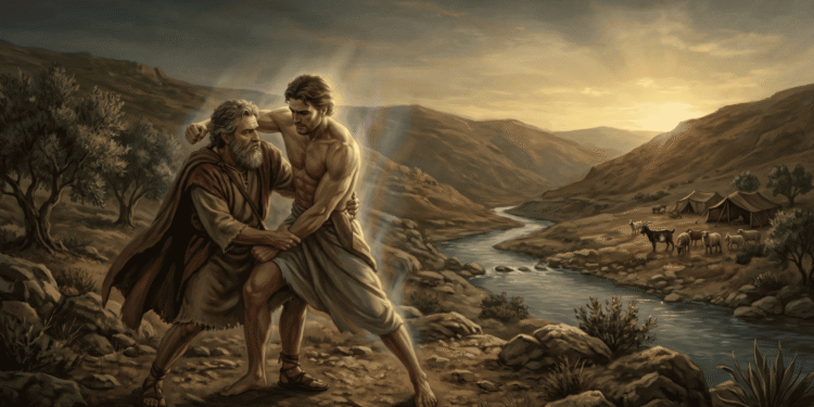 Jacob luchando con el ángel en el vado del Jaboc al amanecer, con el río y el campamento hebreo visibles al fondo