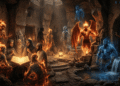 Distintos tipos de jinn —de fuego, de agua y alados— en una cueva con inscripciones árabes, mientras seres humanos recitan el Corán ante ellos, escena inspirada en la sura 72 del Corán