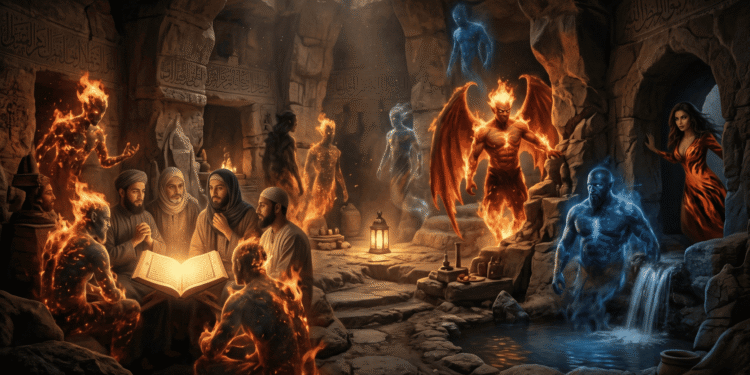 Distintos tipos de jinn —de fuego, de agua y alados— en una cueva con inscripciones árabes, mientras seres humanos recitan el Corán ante ellos, escena inspirada en la sura 72 del Corán