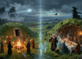 Ilustración del mito de la creación celta que muestra la membrana horizontal de Samhain, con los druidas y los Fomorianos en el mundo mortal, y el dios Dagda con su arpa en el Otro Mundo.