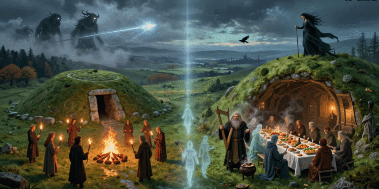 Ilustración del mito de la creación celta que muestra la membrana horizontal de Samhain, con los druidas y los Fomorianos en el mundo mortal, y el dios Dagda con su arpa en el Otro Mundo.