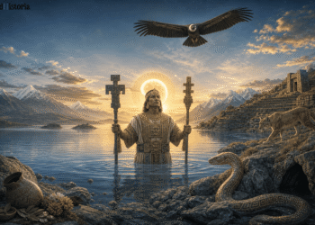 Ilustración del mito de la creación inca con el dios Viracocha emergiendo del lago Titicaca junto al cóndor, el puma y la serpiente de los tres mundos andinos.