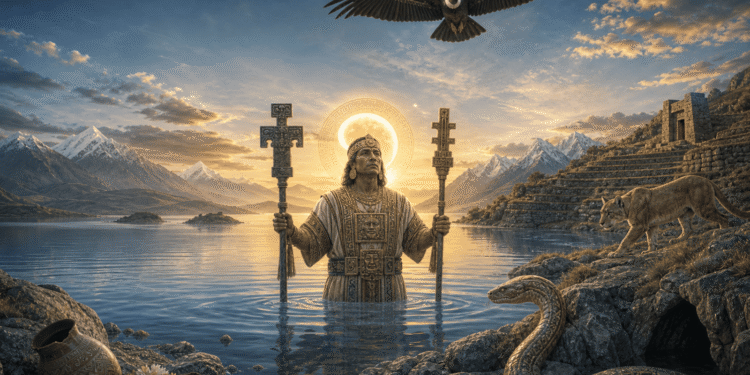 Ilustración del mito de la creación inca con el dios Viracocha emergiendo del lago Titicaca junto al cóndor, el puma y la serpiente de los tres mundos andinos.