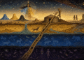 Los cuatro mundos del mito de la creación navajo: la caña sagrada atravesando las capas subterráneas, la Mujer Cambiante, las cuatro montañas sagradas y el Coyote lanzando estrellas