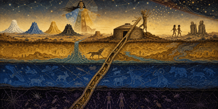 Los cuatro mundos del mito de la creación navajo: la caña sagrada atravesando las capas subterráneas, la Mujer Cambiante, las cuatro montañas sagradas y el Coyote lanzando estrellas