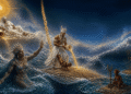 Ilustración artística del mito de la creación yoruba con la diosa del mar Olokun emergiendo de las olas, mientras un Orisha derrama arena primordial desde una caracola junto al gallo sagrado.