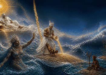 Ilustración artística del mito de la creación yoruba con la diosa del mar Olokun emergiendo de las olas, mientras un Orisha derrama arena primordial desde una caracola junto al gallo sagrado.