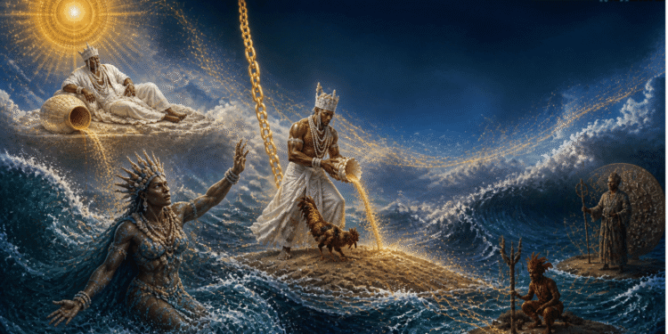 Ilustración artística del mito de la creación yoruba con la diosa del mar Olokun emergiendo de las olas, mientras un Orisha derrama arena primordial desde una caracola junto al gallo sagrado.