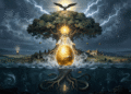 Ilustración del mito de la creación eslavo con el huevo cósmico dorado de Rod, el Árbol del Mundo, el dios del trueno Perun en el cielo y la serpiente Veles en el inframundo.
