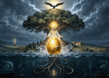 Ilustración del mito de la creación eslavo con el huevo cósmico dorado de Rod, el Árbol del Mundo, el dios del trueno Perun en el cielo y la serpiente Veles en el inframundo.