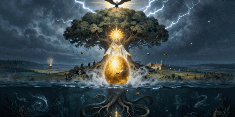 Ilustración del mito de la creación eslavo con el huevo cósmico dorado de Rod, el Árbol del Mundo, el dios del trueno Perun en el cielo y la serpiente Veles en el inframundo.