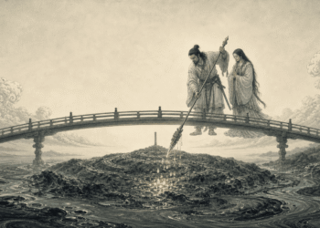 El mito de la creación japonés: Izanagi e Izanami sobre el puente flotante del cielo Ame-no-Ukihashi, agitando las aguas primordiales con la lanza enjoyada Ame-no-Nuboko para crear la primera isla de Japón, Onogoro