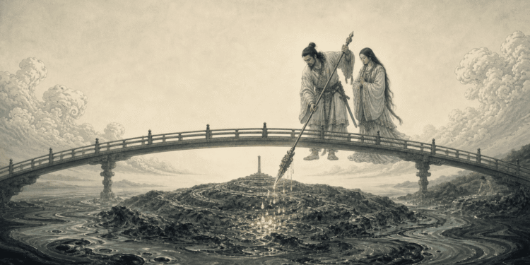 El mito de la creación japonés: Izanagi e Izanami sobre el puente flotante del cielo Ame-no-Ukihashi, agitando las aguas primordiales con la lanza enjoyada Ame-no-Nuboko para crear la primera isla de Japón, Onogoro