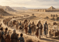 El regreso del exilio babilónico: larga caravana de judíos retornando de Babilonia a Judá, liderada por Zorobabel y el sumo sacerdote Jesúa, con la ciudad de Babilonia y su zigurat al fondo