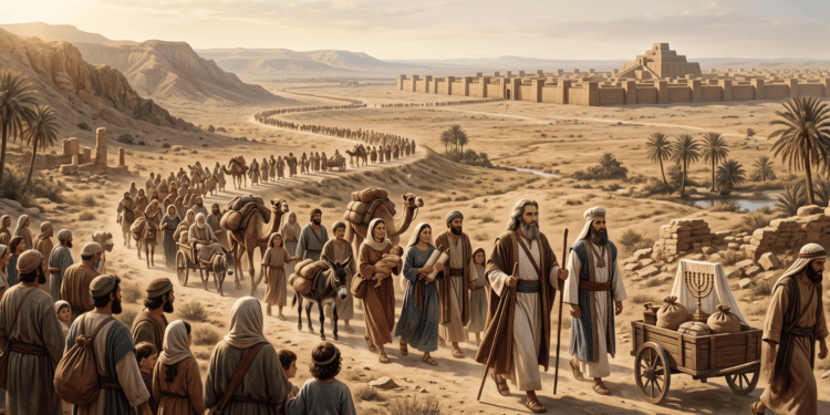 El regreso del exilio babilónico: larga caravana de judíos retornando de Babilonia a Judá, liderada por Zorobabel y el sumo sacerdote Jesúa, con la ciudad de Babilonia y su zigurat al fondo
