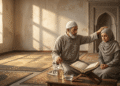 Raqi realizando la ruqya islámica con la mano sobre la cabeza de una mujer, junto a un Corán abierto, un frasco de aceite y agua, en una sala con mihrab islámico