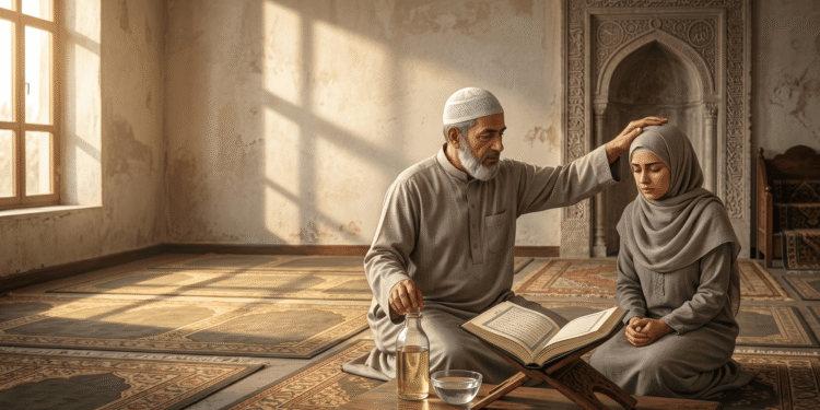 Raqi realizando la ruqya islámica con la mano sobre la cabeza de una mujer, junto a un Corán abierto, un frasco de aceite y agua, en una sala con mihrab islámico