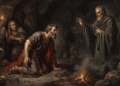 Saúl arrodillado y aterrorizado ante el espíritu de Samuel que se manifiesta entre el humo en la cueva de la médium de Endor