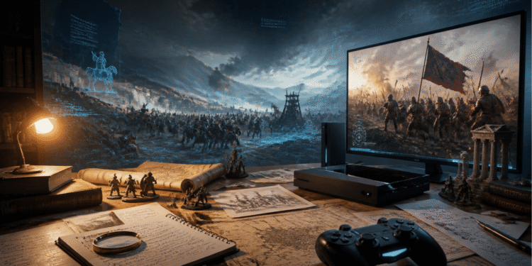 Videojuegos históricos y conflictos bélicos representados con consola, mapas y batalla digital que moldean la percepción del pasado.