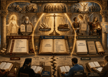 Infografía educativa mostrando la brecha canónica de los deuterocanónicos: balanza central comparando textos protocanónicos vs deuterocanónicos, con las tres tradiciones religiosas (católica con 73 libros, ortodoxa, protestante con 66 libros), línea temporal desde Jerónimo hasta Concilio de Trento, y temas teológicos del período helenístico.