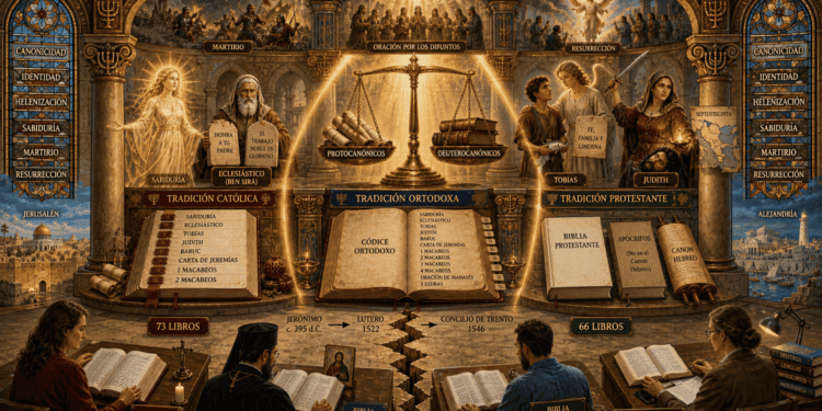 Infografía educativa mostrando la brecha canónica de los deuterocanónicos: balanza central comparando textos protocanónicos vs deuterocanónicos, con las tres tradiciones religiosas (católica con 73 libros, ortodoxa, protestante con 66 libros), línea temporal desde Jerónimo hasta Concilio de Trento, y temas teológicos del período helenístico.