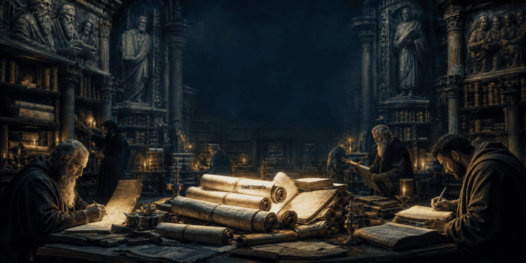 Monjes medievales en scriptórium subterráneo estudiando y copiando manuscritos antiguos bajo luz de velas, preservando textos pseudepígrafos rechazados por la iglesia oficial.