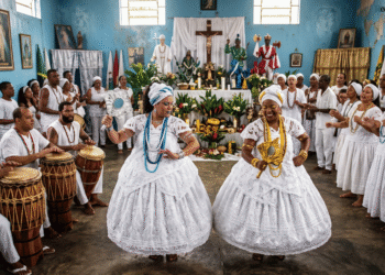 Ceremonia de candomblé en un terreiro baiano con dos iniciadas danzando en transe con collares de Iemanjá y Oxum, tambores atabaques y altar sincrético con santos católicos y orixás al fondo
